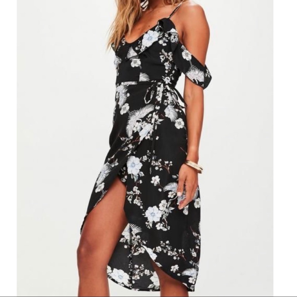 MissGuided Black Frill Flora MIdi Dress